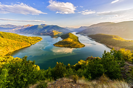 Sunrise at Kardjaly dam, West Rhodope mountains, Bulgariaの写真素材