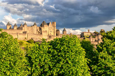 Medieval town of Carcassone at sunset, Franceのeditorial素材