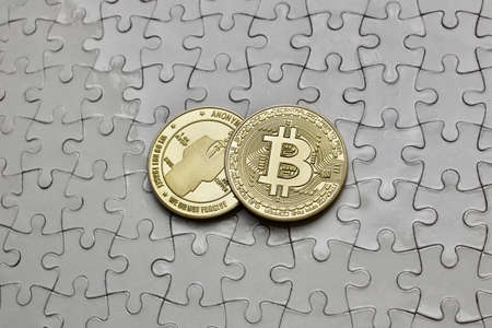 Bitcoin coins on puzzlesのeditorial素材