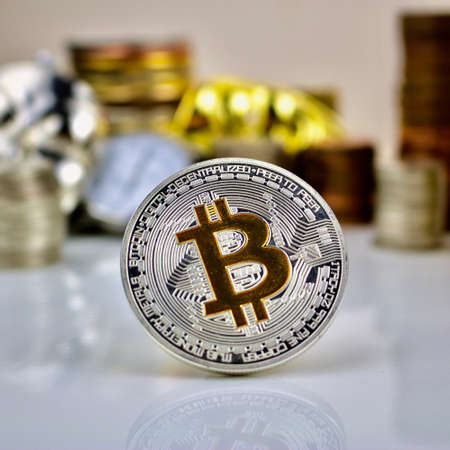 Digital cryptocurrency physical silver bitcoin coin money conceptの写真素材