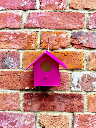 Pink small bird house on the brickwallの写真素材