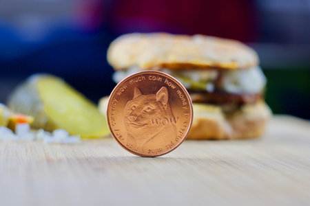 Cryptocurrency physical brass dogecoin money and burger foodのeditorial素材