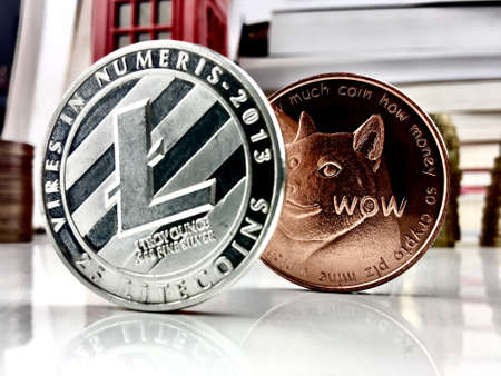 Digital currency physical coins litecoin and dogecoinのeditorial素材