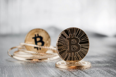 Digital currency physical gold bitcoin coins. Silver background.の写真素材