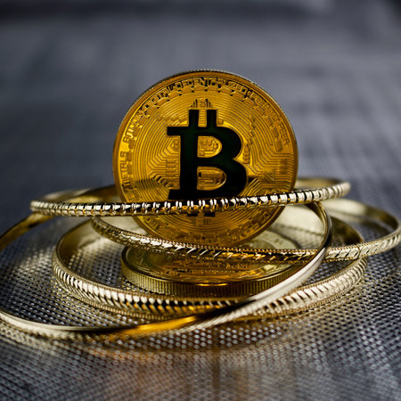 Digital currency physical gold bitcoin coin with a black sign. Gold money concept.の写真素材