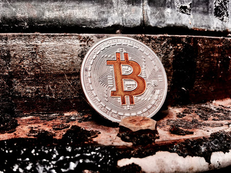Cryptocurrency physical silver bitcoin coin in old industry.の写真素材