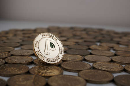 Digital currency physical gold peercoin coin with green leaf on the money.の写真素材