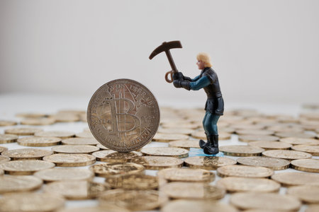 Digital currency physical silver bitcoin coin and miner with a pick.