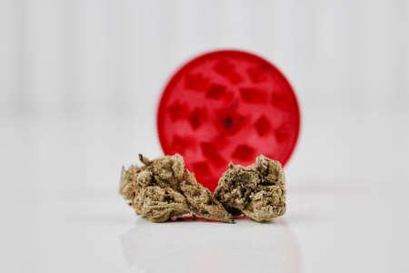 Fresh green dry marijuana plant and red weed grinder on white table.の写真素材