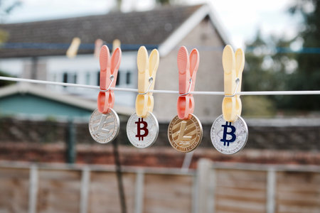 Digital currency physical silver and gold bitcoins and litecoins. Outdoor concept.の写真素材