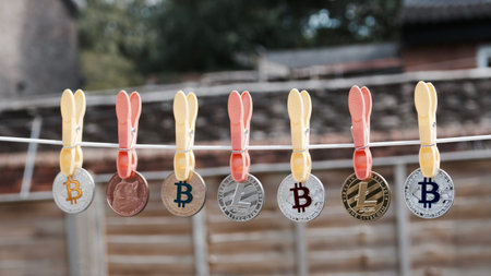 Digital currency physical coins on the line with laundry clips.の写真素材