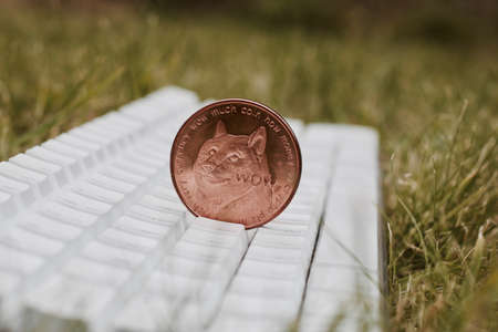 Digital currency physical brass dogecoin on white keyboard in garden.の写真素材