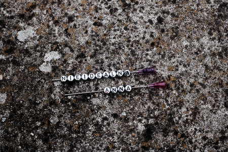 Two needles with sign. Nieidealna Anna on the dirty background.の写真素材