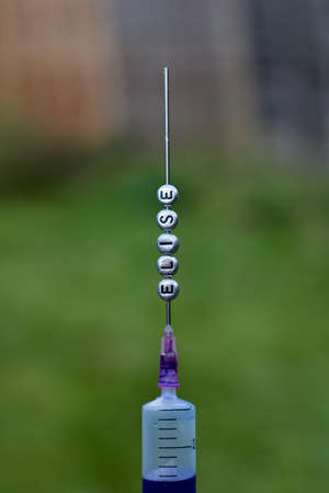 Silver inscription on the needle. Elise small letters pins in green outdoor background.の写真素材