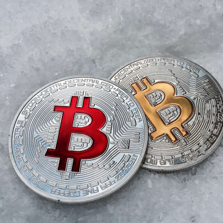 Digital currency physical metal coin on the white cristal background. Virtual cash concept.の写真素材