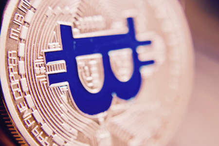 Digital currency physical silver bitcoin coin. Business bitcoin concept.の写真素材