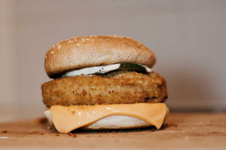 Fresh delicious burger with cheese and fish. Fast food concept.の写真素材
