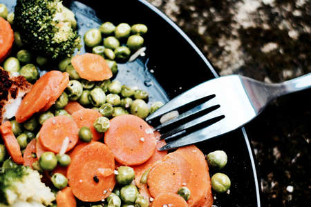 Delicious and fresh lunch. Fish with rice vegetables and white sauce on black plate.の写真素材