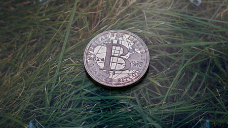 Digital currency physical metal bitcoin coin. Virtual money concept.の写真素材