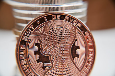 Digital currency physical metal bitcoin coin. Virtual cash concept.の写真素材