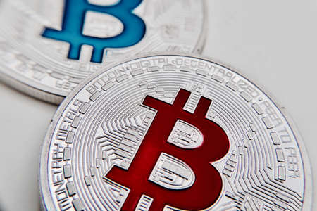 Digital currency physical metal bitcoin coin. Virtual cash concept.の写真素材