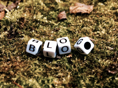 White inscription. Small white square letters pins. Blogging concept.
