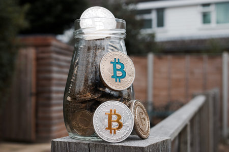 Digital currency physical gold and silver bitcoin coin in garden.