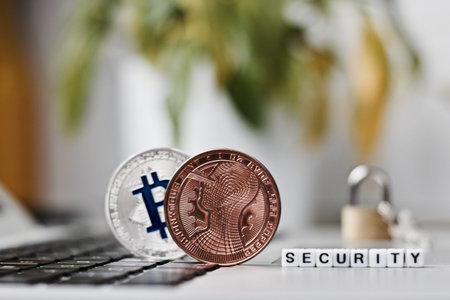 Digital currency physical metal bitcoin coin on the keyboard. Bitcoin security.