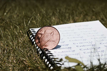 Digital currency physical brass dogecoin coin on the exchange inscription. Outdoor green concept.の写真素材