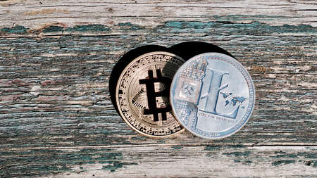 Digital currency physical gold red bitcoin coin. Outdoor money concept.の写真素材