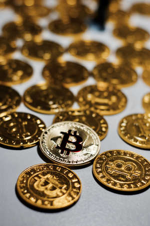 Digital currency physical metal bitcoin coin. Business mining concept.の写真素材