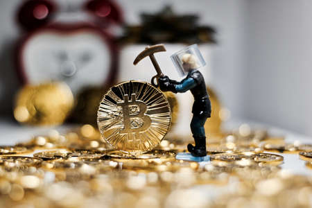 Digital currency physical metal bitcoin coin. Business mining concept.の写真素材