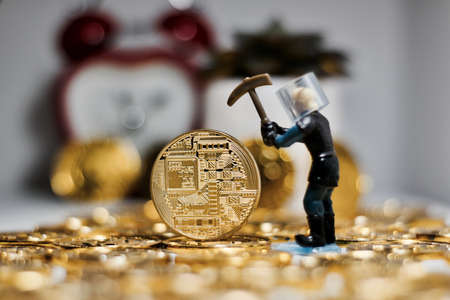 Digital currency physical metal bitcoin coin. Business mining concept.の写真素材