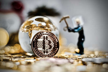 Digital currency physical metal bitcoin coin. Business mining concept.の写真素材