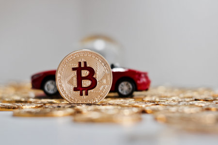 Digital currency physical metal bitcoin coin near red luxury car. Finance cryptocurrency concept.の写真素材