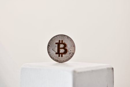 Cryptocurrency physical metal bitcoin coin. Digital currency virtual money concept.の写真素材