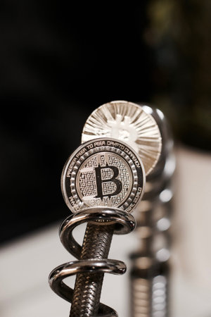 Digital currency physical metal bitcoin coin. Cryptocurrency coins concept.