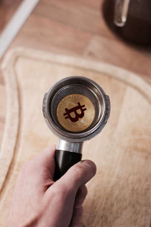 Digital currency physical metal bitcoin coin. Cryptocurrency coins concept.の写真素材