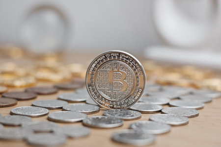 Digital currency physical metal bitcoin coin. Cryptocurrency mining concept.の写真素材