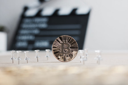 Digital currency physical metal bitcoin coin. Cryptocurrency cinema concept.の写真素材