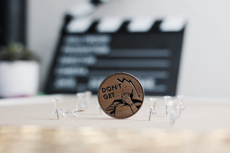 Digital currency physical metal bitcoin coin. Cryptocurrency cinema concept.の写真素材