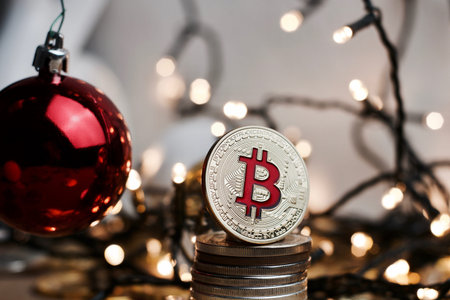 Crypto currency physical metal bitcoin coin. Digital currency christmas concept.の写真素材
