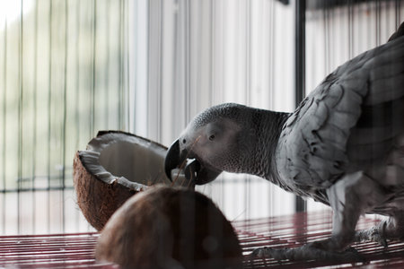 Big african grey parrot in cage with coconut fruit. Bird food concept.の写真素材
