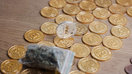 Crypto currency physical metal litecoin coin on the gold money. Digital currency concept.の写真素材