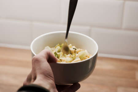 Delicious cheese fresh pasta with vegetables. Home cooking concept.の写真素材