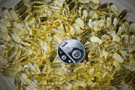 Digital currency physical metal bitcoin coin and yellow pills. Medical bitcoin concept.