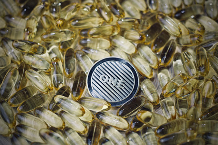 Digital currency physical metal litecoin coin and yellow drugs. Medical cryptocurency litecoin concept.の写真素材