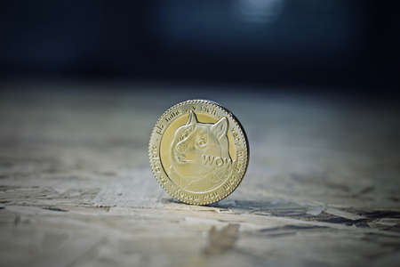 Digital currency physical metal dogecoin coin. Wooden table concept.の写真素材