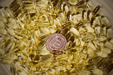 Digital currency physical metal bitcoin coin and yellow pills. Medical bitcoin concept.