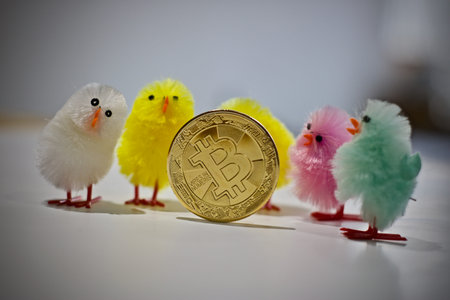 Digitl currency physical metal bitcoin coin. Easter colorful concept.
